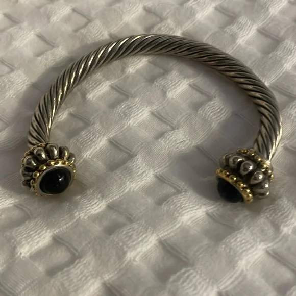 Cable Silver Bracelet Black Stone Gold Bead Tone Accent Adjustable Wrist Jewelry - Picture 4 of 10